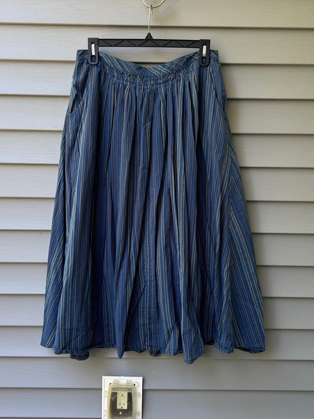 Poetry Flowy Blue Striped Cotton Skirt Women’s 12 Pleated Boho Style